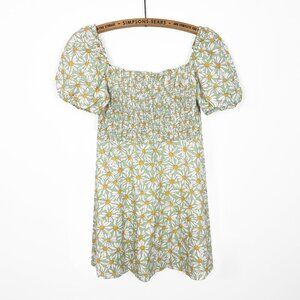 ZARA Women’s Green Daisy Print Smocked Mini Dress Floral Linen Sz Small